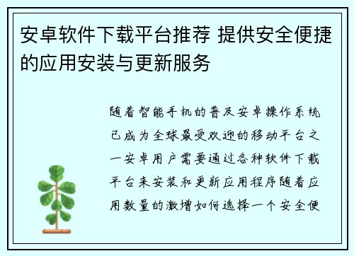 安卓软件下载平台推荐 提供安全便捷的应用安装与更新服务