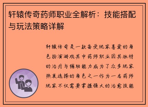 轩辕传奇药师职业全解析:技能搭配与玩法策略详解 轩辕传奇药师职业全解析:技能搭配与玩法策略详解